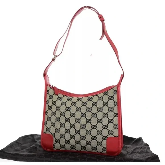 GUCCI Logo GG Pattern Shoulder Bag Canvas Leather Red Black Gold Italy 68HB984 - Picture 1 of 16